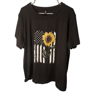SHEIN Curve 2XL Black Sunflower American Flag Graphic Tee Short Sleeve